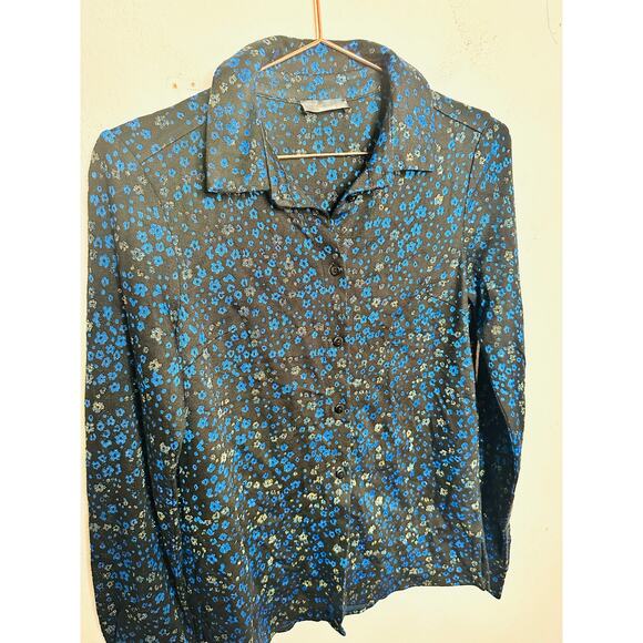 STINE GOYA Black Blue Metallic Button Front Floral Lucian Long Sleeve Top sz XS - Picture 7 of 15
